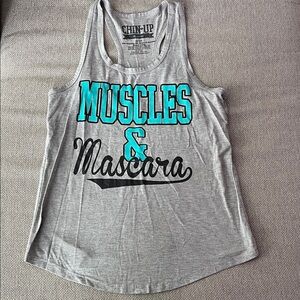 Chin Up Apparel Gray Tank Top with Blue and Black Print